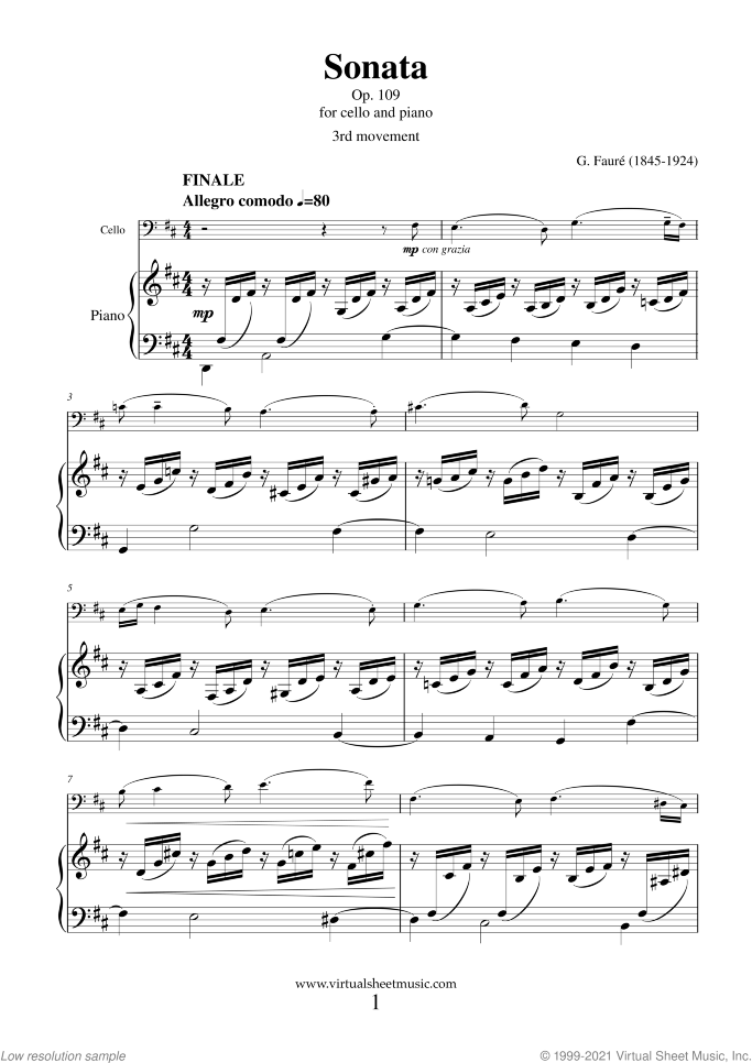 Sonata in D minor Op. 109 (3rd movement) sheet music for cello and piano by Gabriel Faure, classical score, advanced skill level