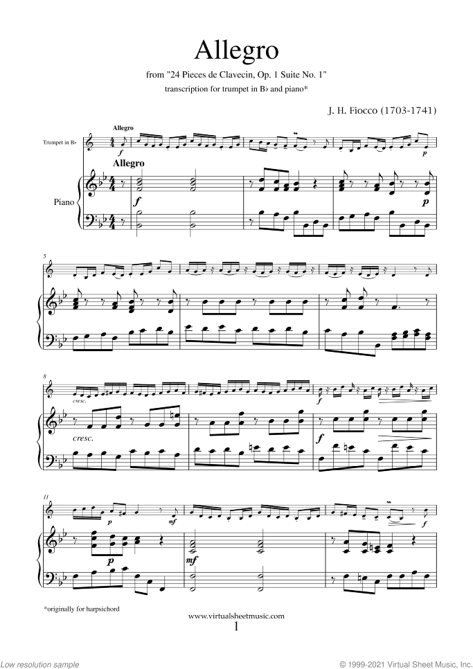 Allegro sheet music for trumpet and piano by Joseph Hector Fiocco, classical score, easy skill level