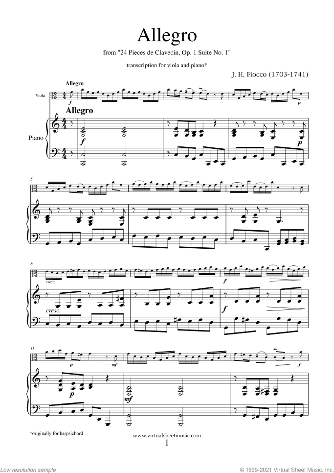Allegro sheet music for viola and piano by Joseph Hector Fiocco, classical score, easy skill level