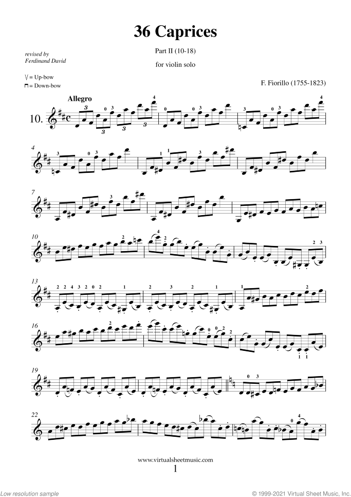 Caprices sheet music for violin solo by Federigo Fiorillo, classical score, intermediate/advanced skill level