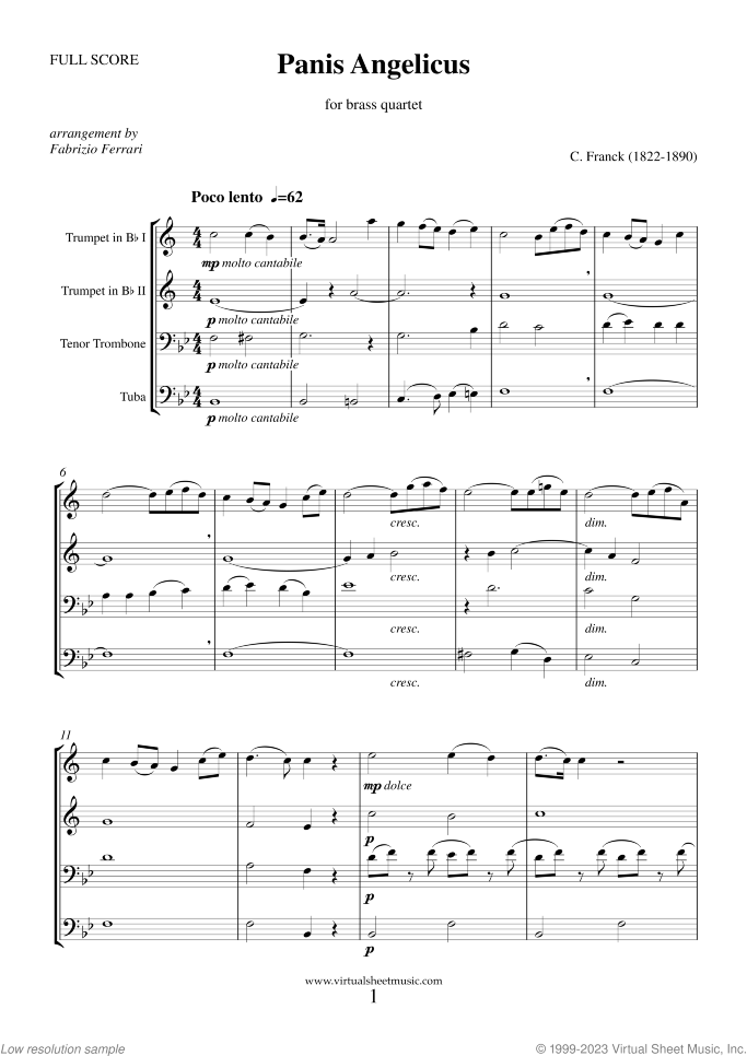 Panis Angelicus sheet music for brass quartet by Cesar Franck, classical wedding score, intermediate skill level