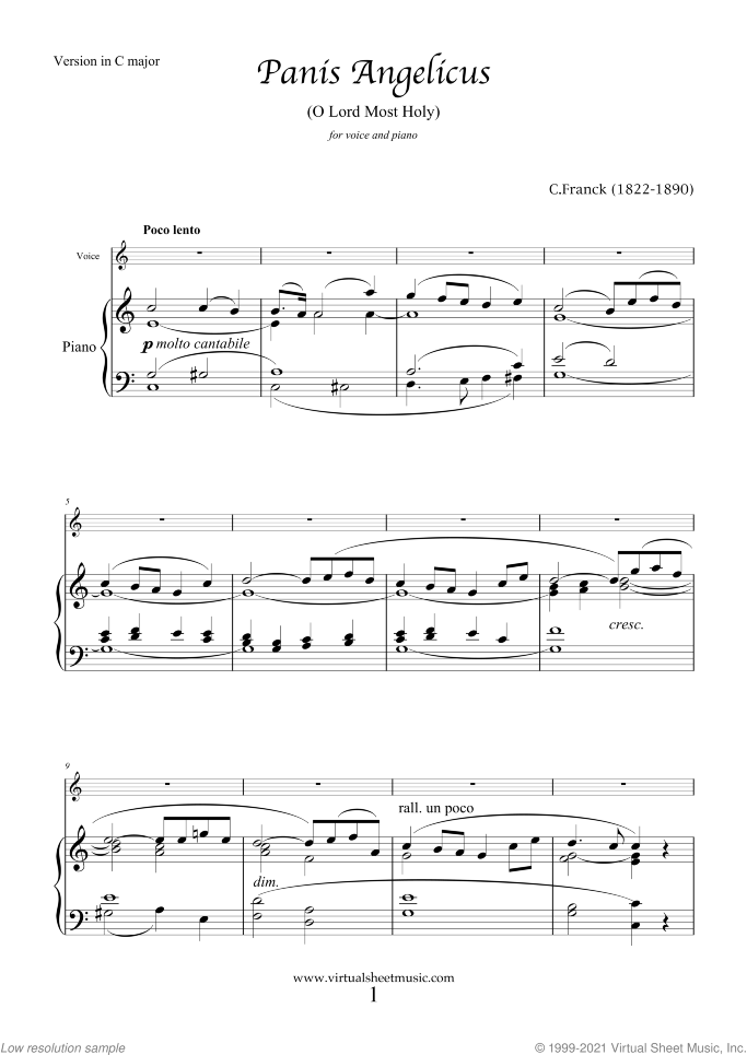 Panis Angelicus (in C major) sheet music for voice and piano by Cesar Franck, classical wedding score, easy skill level