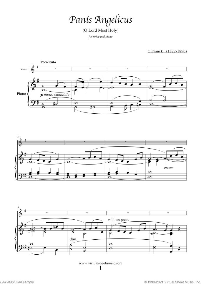 Panis Angelicus (in G major) sheet music for voice and piano by Cesar Franck, classical wedding score, easy skill level