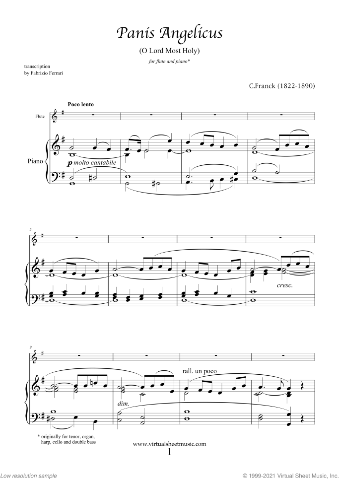 Panis Angelicus sheet music for flute and piano by Cesar Franck, classical wedding score, easy skill level