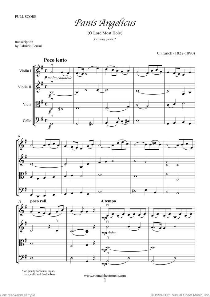 Panis Angelicus (NEW EDITION) sheet music for string quartet or string orchestra by Cesar Franck, classical wedding score, easy skill level