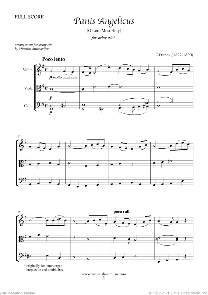 Panis Angelicus sheet music for string trio by Cesar Franck, classical wedding score, easy skill level