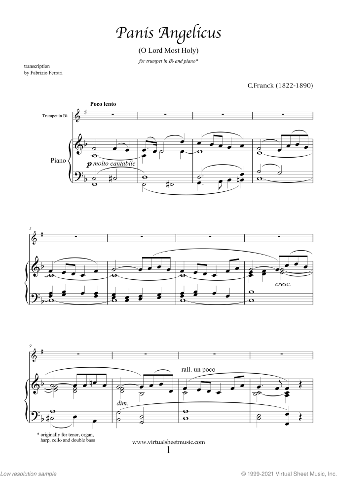 Panis Angelicus sheet music for trumpet and piano by Cesar Franck, classical wedding score, easy skill level