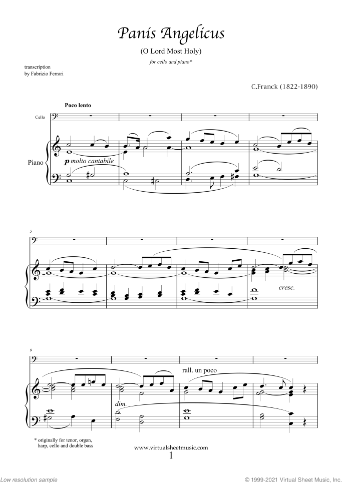 Panis Angelicus sheet music for cello and piano by Cesar Franck, classical wedding score, easy/intermediate skill level