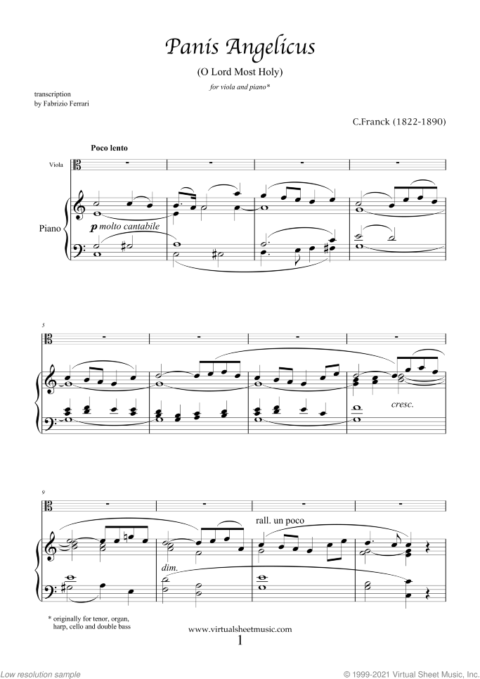 Panis Angelicus sheet music for viola and piano by Cesar Franck, classical wedding score, easy skill level