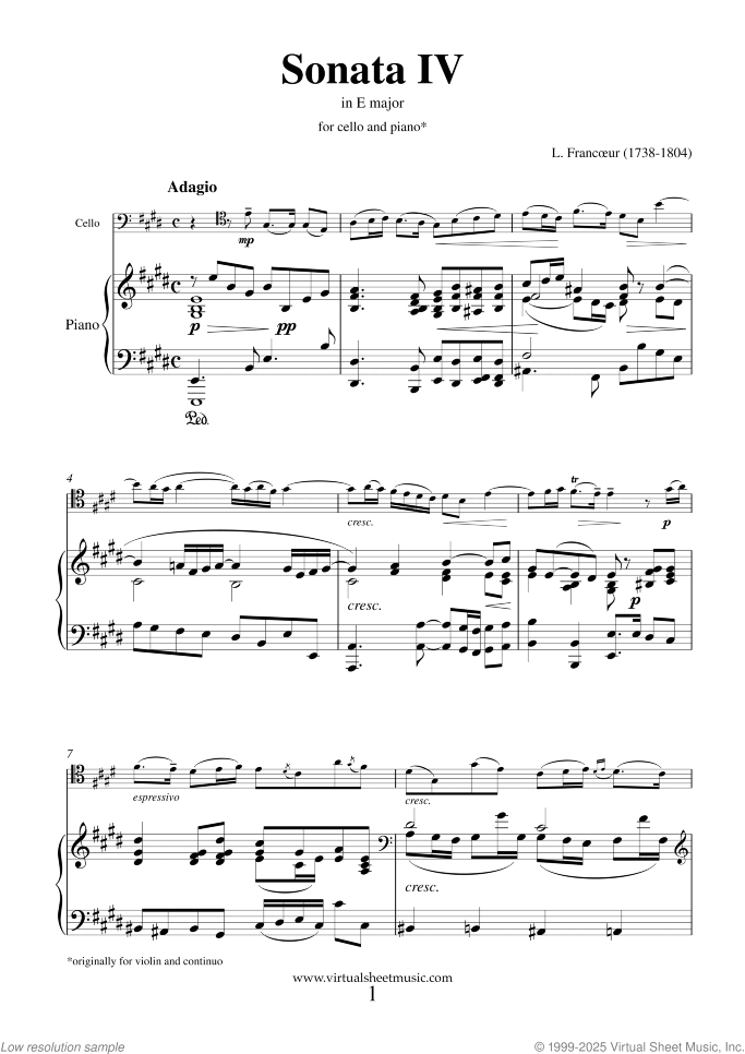 Sonata IV in E major sheet music for cello and piano by Louis Francoeur, classical score, advanced skill level