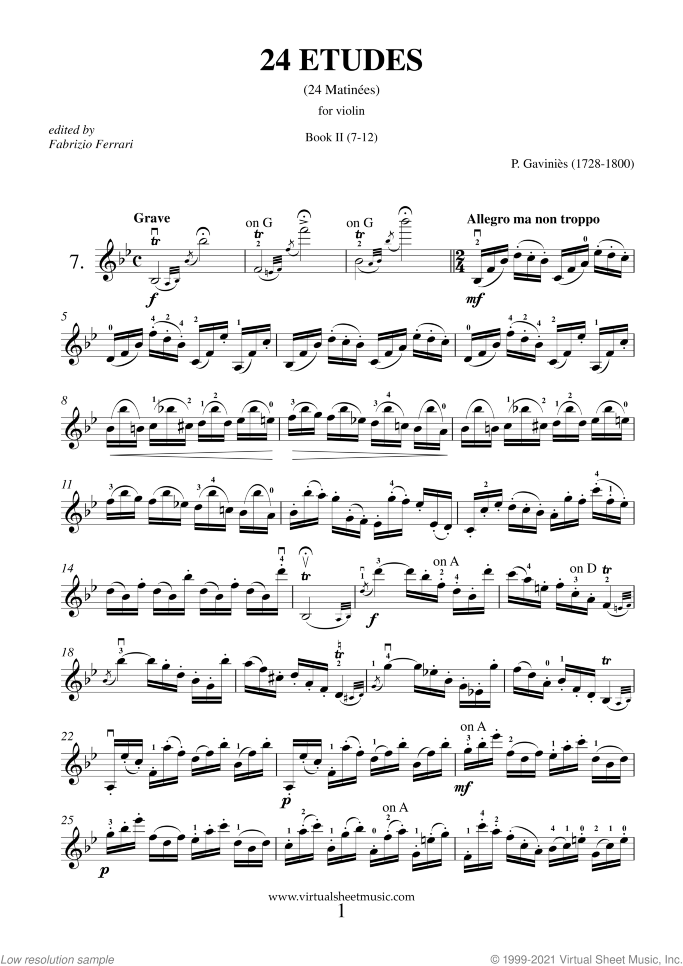Etudes sheet music for violin solo by Pierre Gavinies, classical score, advanced skill level