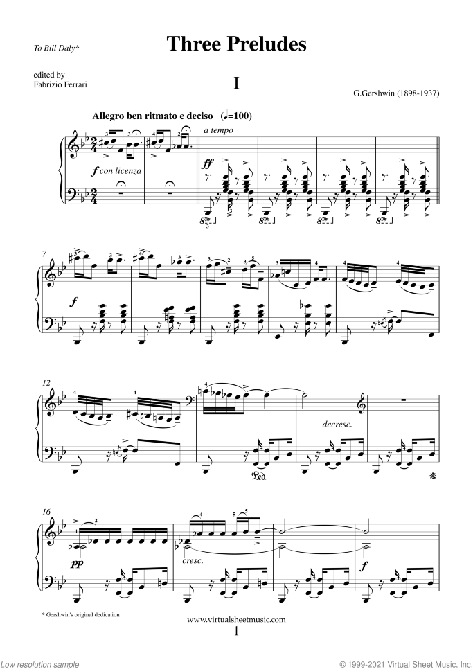 Three Preludes sheet music for piano solo by George Gershwin, classical score, advanced skill level