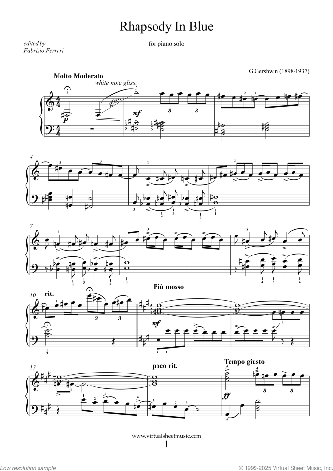 Rhapsody in Blue sheet music for piano solo by George Gershwin, classical score, intermediate skill level