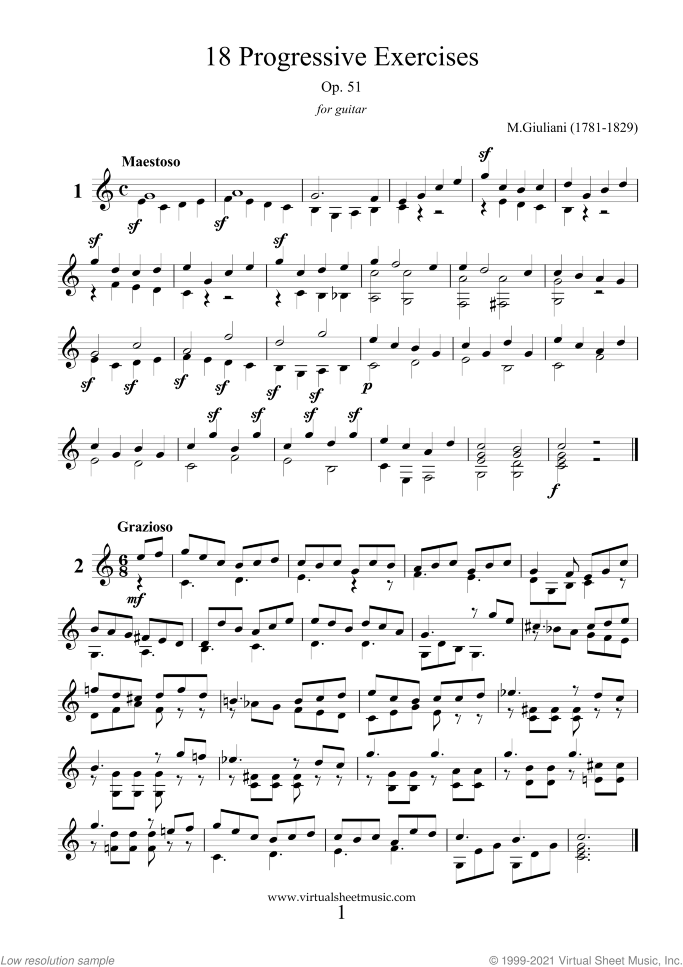 Progressive Exercises sheet music for guitar solo by Mauro Giuliani, classical score, easy/intermediate skill level