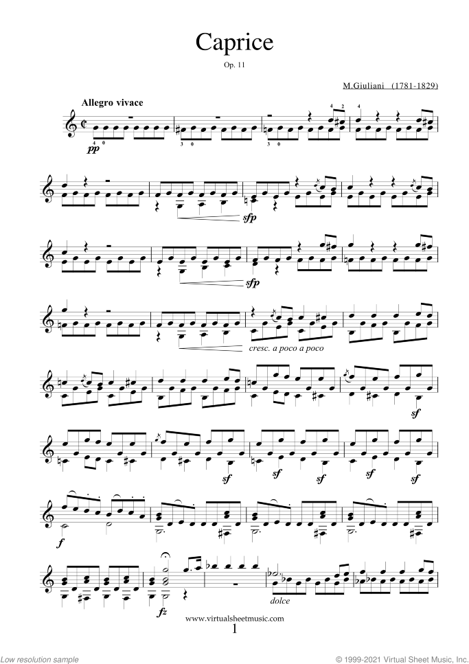Caprice Op.11 sheet music for guitar solo by Mauro Giuliani, classical score, intermediate skill level