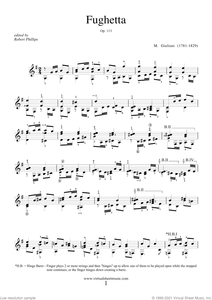 Fughetta sheet music for guitar solo by Mauro Giuliani, classical score, intermediate/advanced skill level