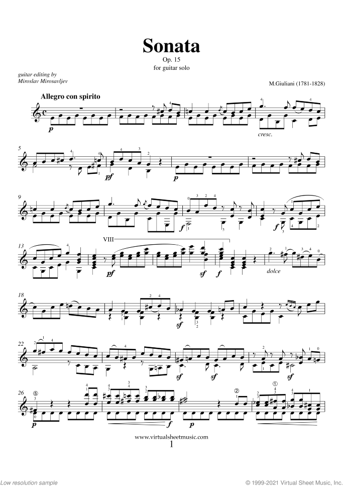 Sonata Op.15 sheet music for guitar solo by Mauro Giuliani, classical score, intermediate skill level
