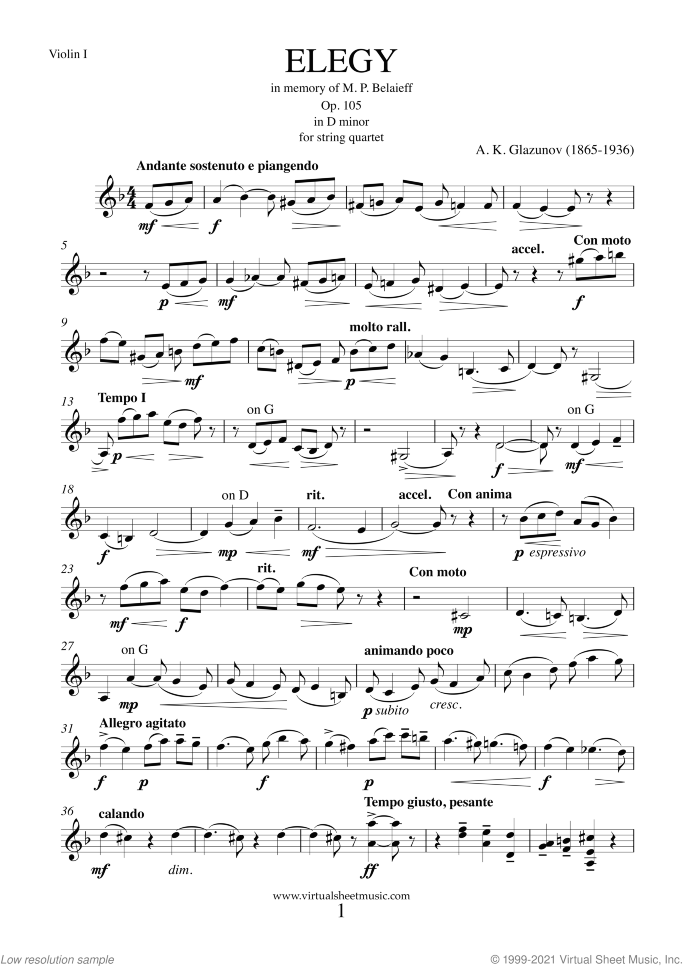Elegy Op. 105 (parts) sheet music for string quartet by Alexander Konstantinovich Glazunov, classical score, intermediate skill level
