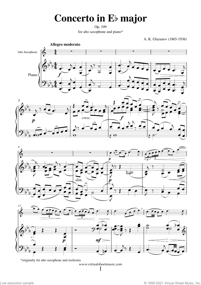 Concerto Op. 109 sheet music for alto saxophone and piano by Alexander Konstantinovich Glazunov, classical score, intermediate skill level