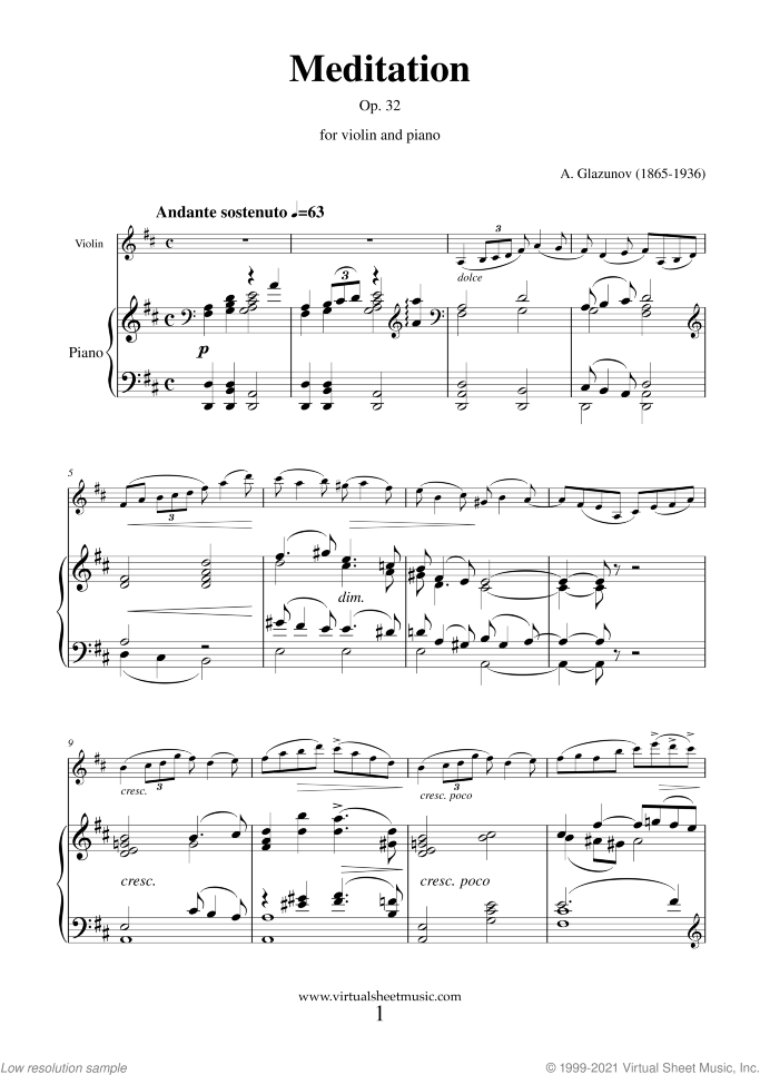 Meditation Op. 32 sheet music for violin and piano by Alexander Konstantinovich Glazunov, classical score, intermediate skill level
