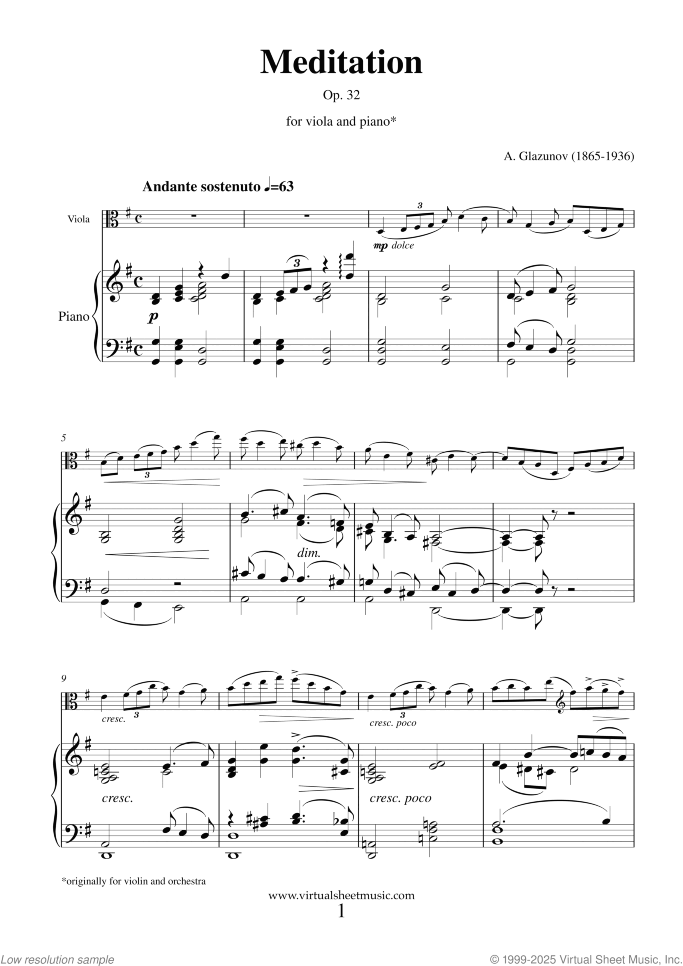 Meditation Op. 32 sheet music for viola and piano by Alexander Konstantinovich Glazunov, classical score, intermediate skill level