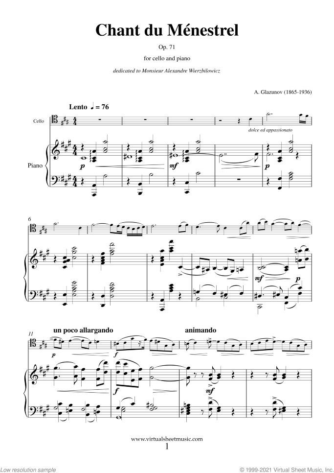 Chant du Menestrel Op. 71 sheet music for cello and piano by Alexander Konstantinovich Glazunov, classical score, intermediate skill level