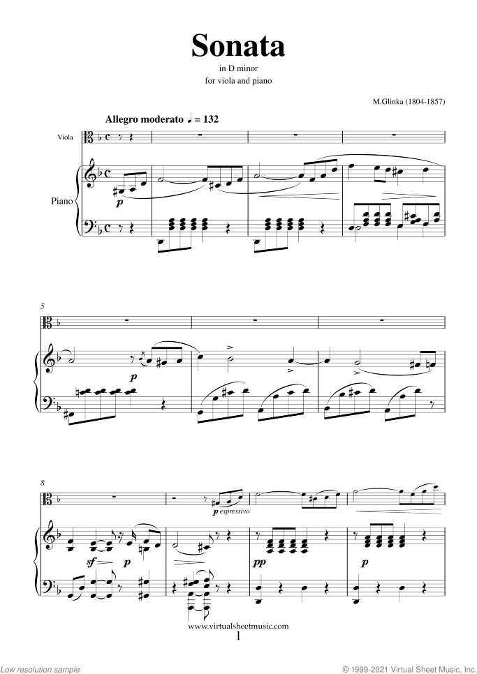 Sonata in D minor sheet music for viola and piano by Mikhail Glinka, classical score, advanced skill level