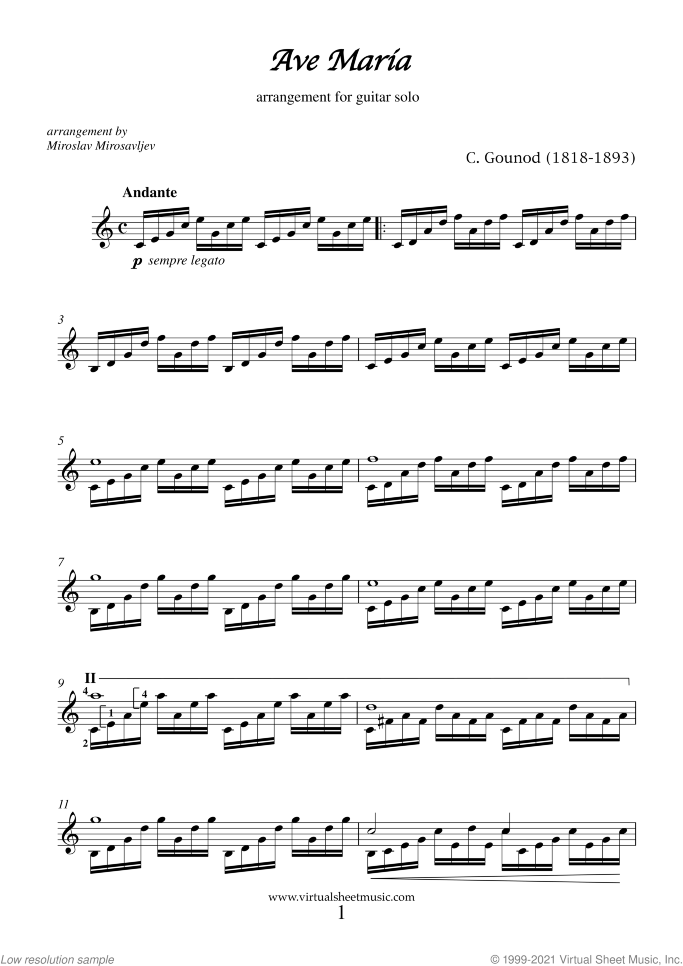 Ave Maria sheet music for guitar solo by Charles Gounod, classical wedding score, easy/intermediate skill level