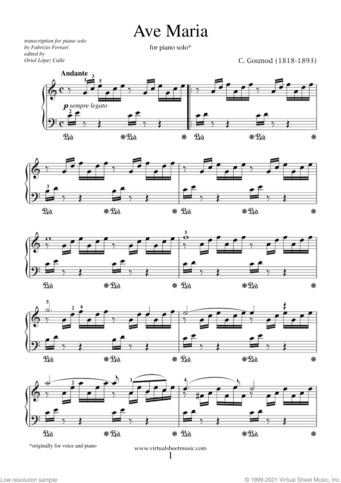 Ave Maria sheet music for piano solo by Charles Gounod, classical wedding score, easy/intermediate skill level