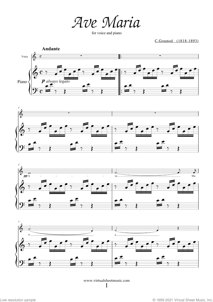 Ave Maria (in C for alto) sheet music for voice and piano by Charles Gounod, classical wedding score, easy/intermediate skill level