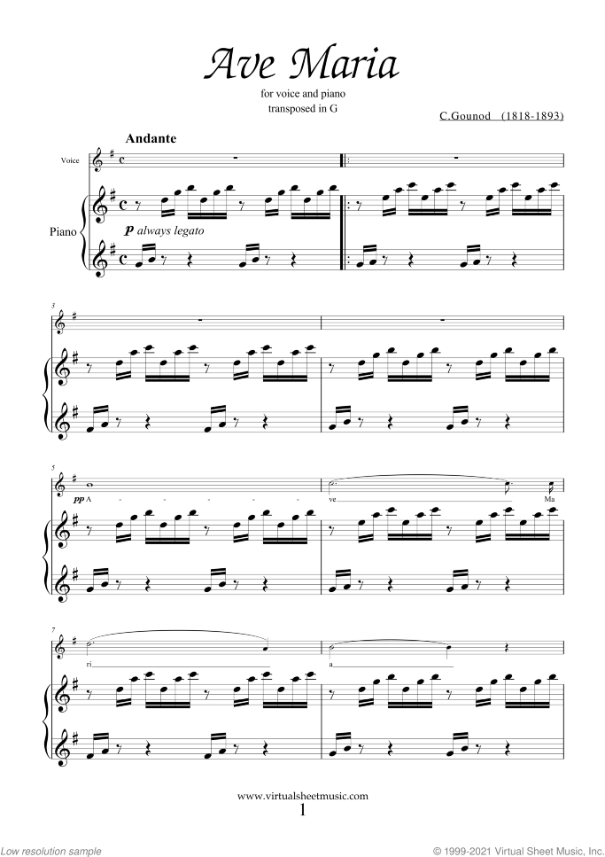 Ave Maria (in G for soprano) sheet music for voice and piano by Charles Gounod, classical wedding score, easy/intermediate skill level