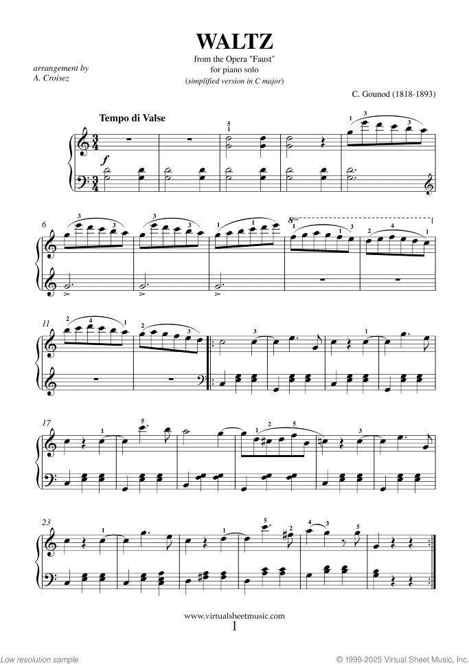 Waltz from the Opera "Faust" sheet music for piano solo by Charles Gounod, classical wedding score, easy+ skill level
