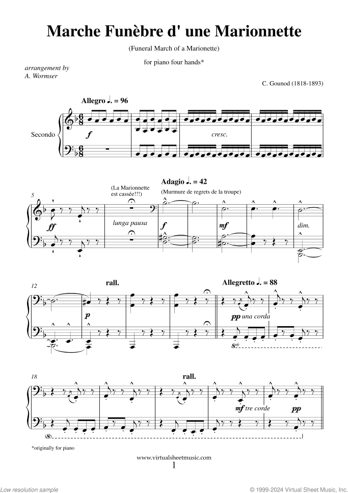 Funeral March of a Marionette sheet music for piano four hands by Charles Gounod, classical score, intermediate/advanced skill level