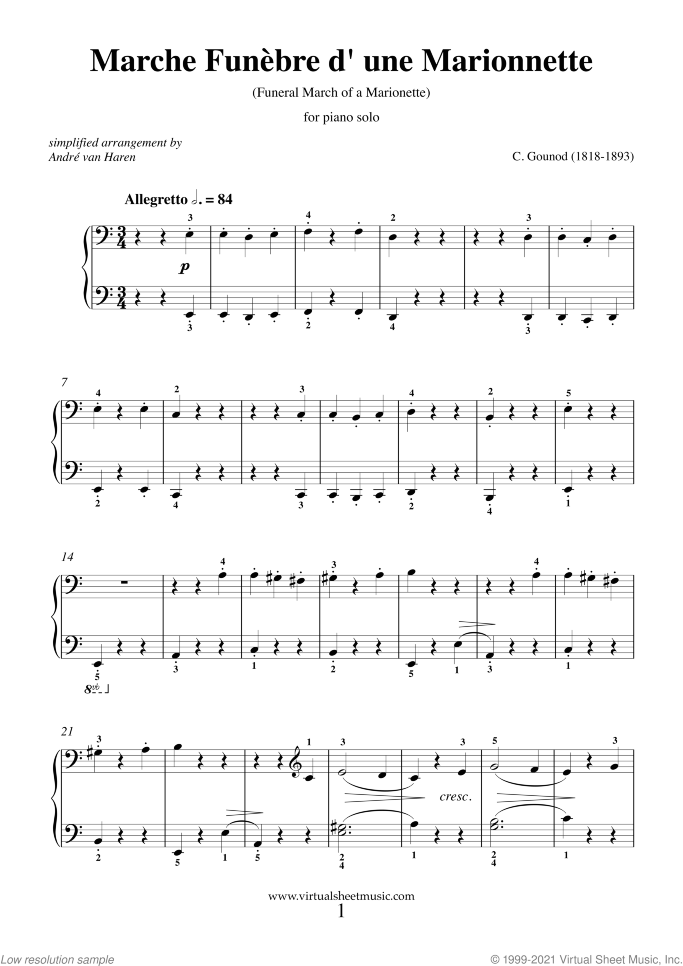 Funeral March of a Marionette Simplified Version sheet music for piano solo by Charles Gounod, classical score, easy skill level