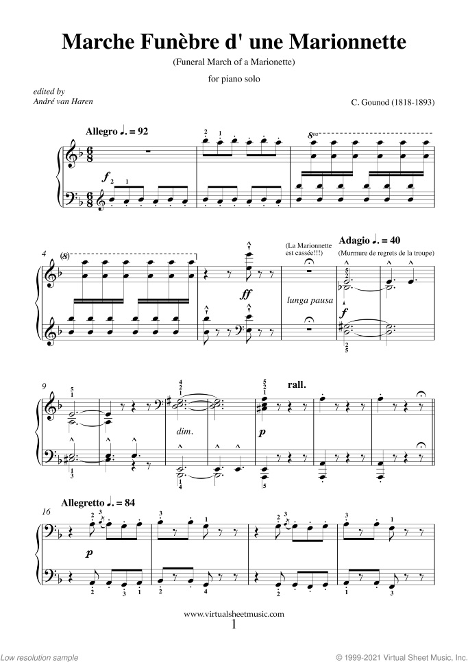Funeral March of a Marionette sheet music for piano solo by Charles Gounod, classical score, intermediate/advanced skill level