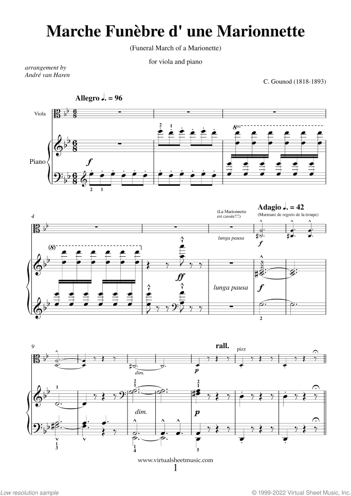 Marche Funebre d' une Marionette sheet music for viola and piano by Charles Gounod, classical score, intermediate/advanced skill level
