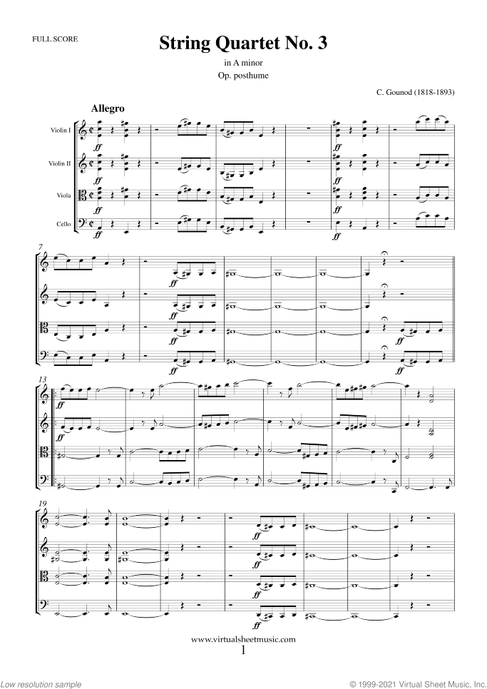 String Quartet No.3 in A minor (f.score) sheet music for string quartet by Charles Gounod, classical score, intermediate skill level