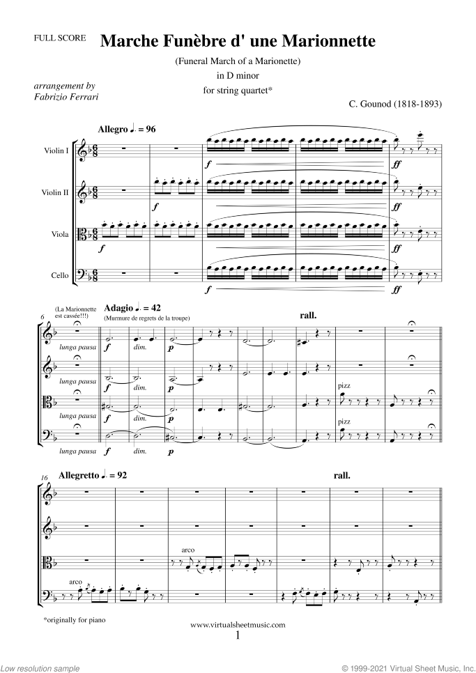 Funeral March of a Marionette (COMPLETE) sheet music for string quartet by Charles Gounod, classical score, intermediate/advanced skill level