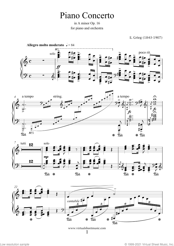 Concerto in A minor Op.16 sheet music for piano and orchestra by Edvard Grieg, classical score, advanced skill level