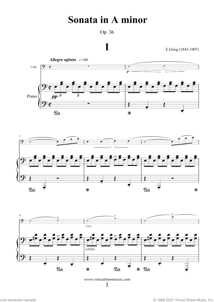 Sonata in A minor Op. 36 sheet music for cello and piano by Edvard Grieg, classical score, advanced skill level