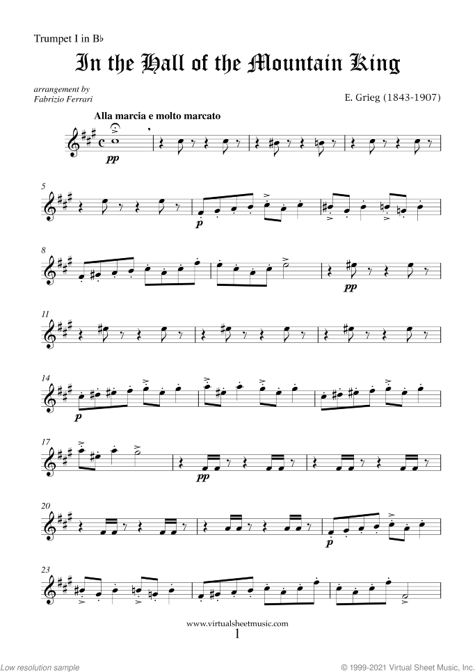 In the Hall of the Mountain King (parts) sheet music for brass quartet by Edvard Grieg, classical score, intermediate skill level