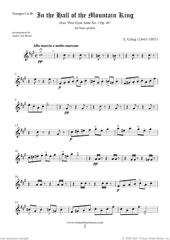 In the Hall of the Mountain King (parts) sheet music for brass quintet by Edvard Grieg, classical score, intermediate skill level