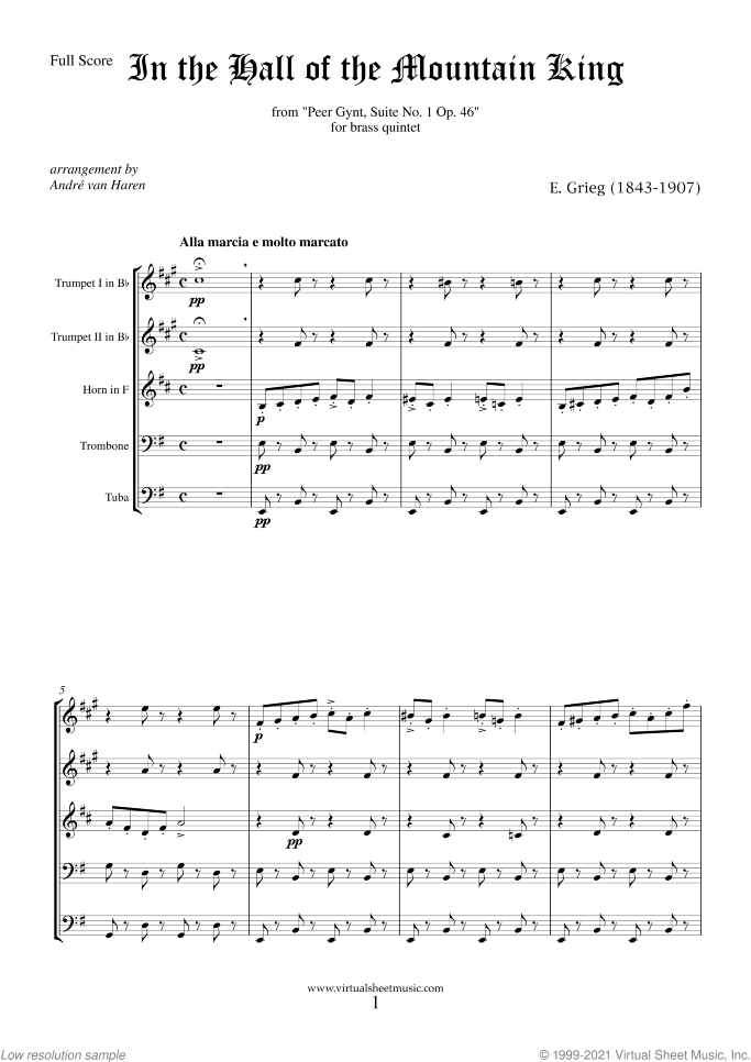 In the Hall of the Mountain King (f.score) sheet music for brass quintet by Edvard Grieg, classical score, intermediate skill level