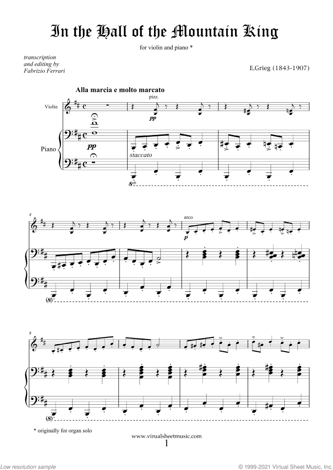 In the Hall of the Mountain King sheet music for violin and piano by Edvard Grieg, classical score, intermediate skill level