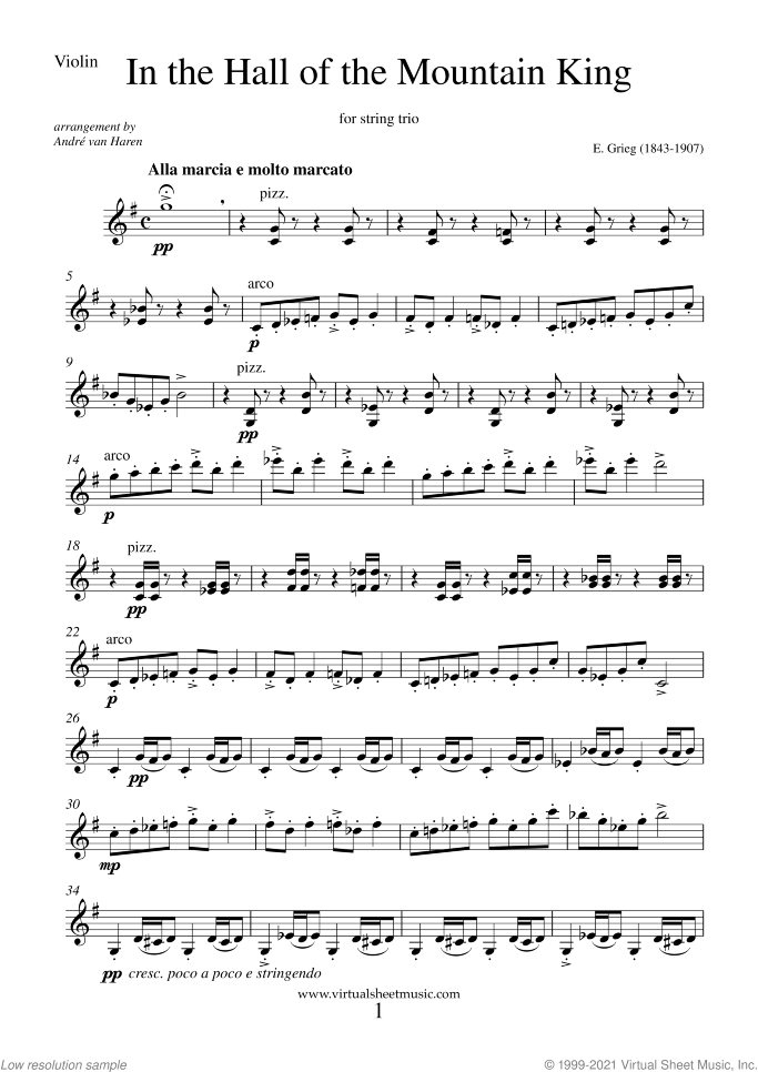 In the Hall of the Mountain King (parts) sheet music for string trio by Edvard Grieg, classical score, intermediate skill level