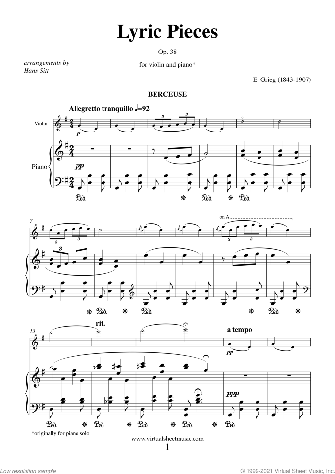 Lyric Pieces sheet music for violin and piano by Edvard Grieg, classical score, intermediate skill level