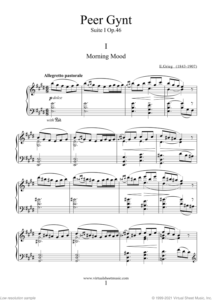 Morning Mood sheet music for piano solo by Edvard Grieg, classical score, intermediate skill level