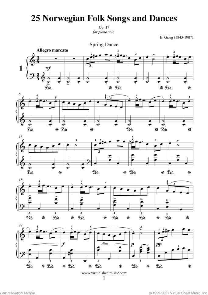 Norwegian Folk Songs and Dances sheet music for piano solo by Edvard Grieg, classical score, intermediate skill level