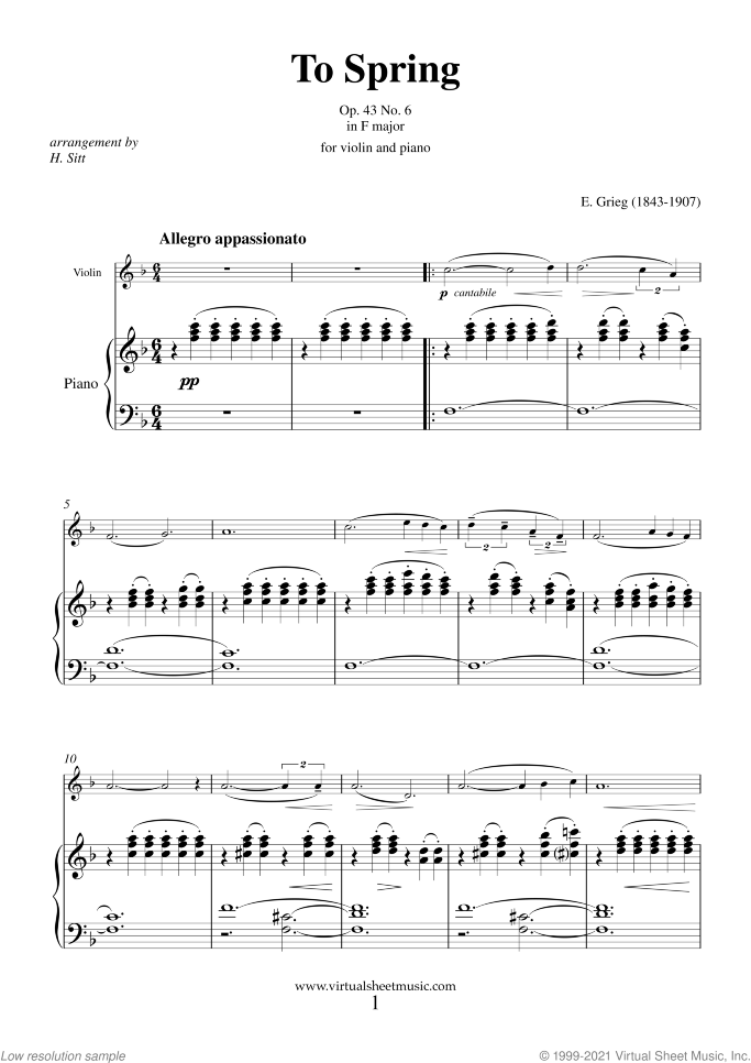 To Spring Op. 43 No. 6 sheet music for violin and piano by Edvard Grieg, classical score, intermediate skill level