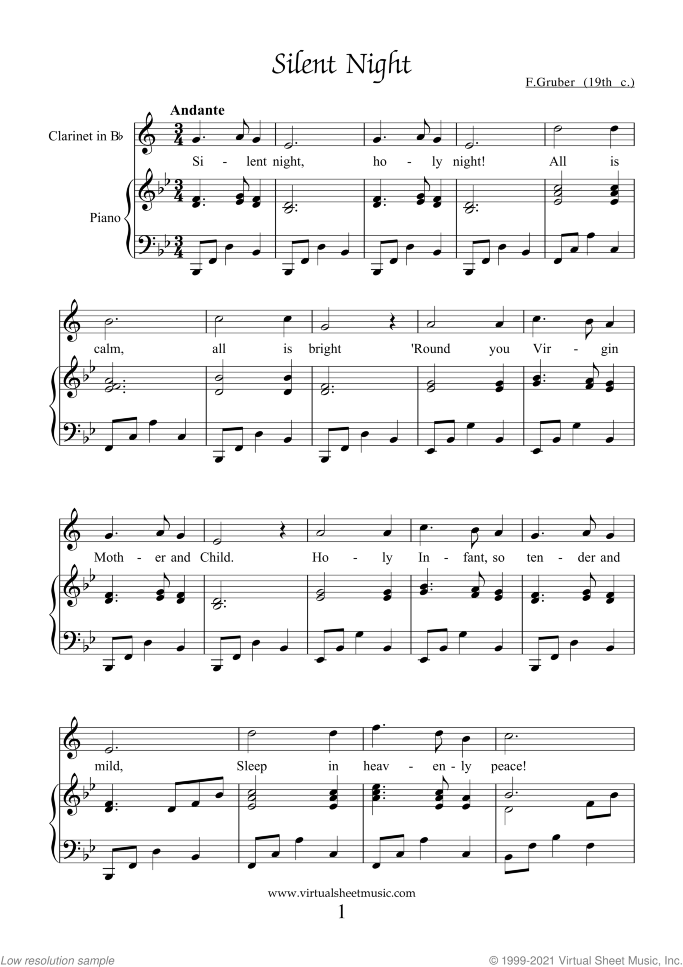 Silent Night sheet music for clarinet and piano by Franz Gruber, easy skill level
